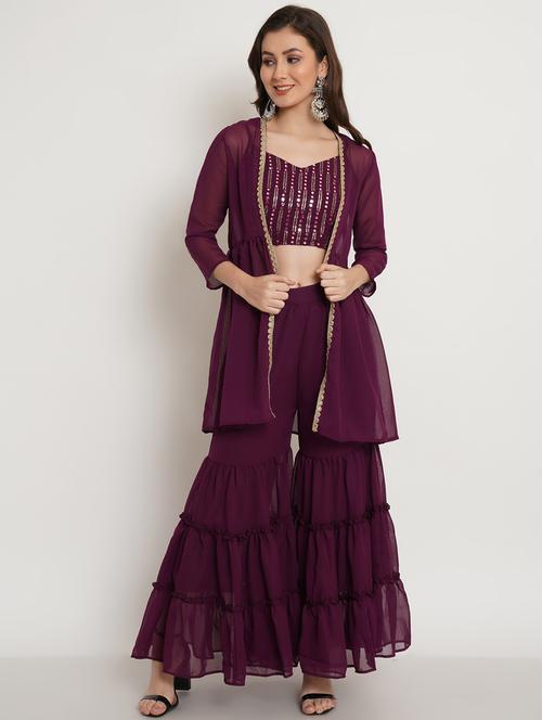 purple sequin detailed kurta sharara set - 19117988 - Standard Image - 0