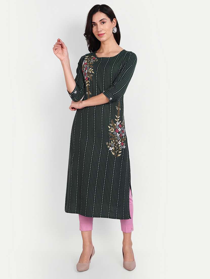 green printed straight kurta