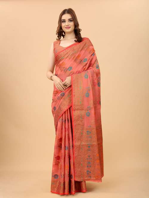 women's self design coral colored saree with blouse - 19119317 -  Standard Image - 0