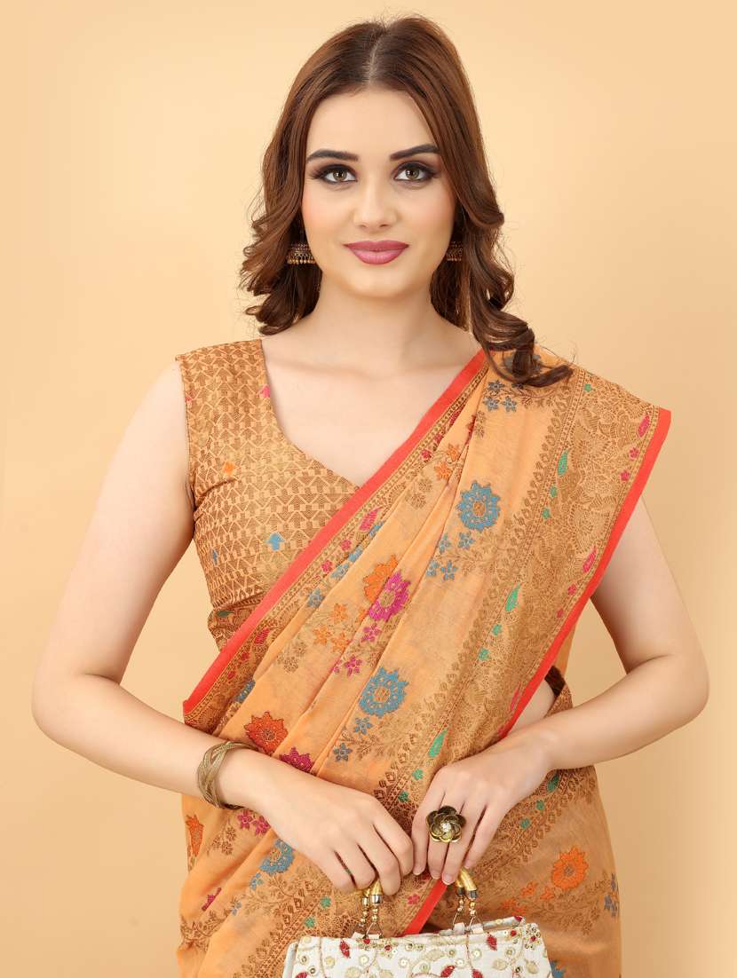 women's self design peach colored saree with blouse - 19119318 -  Standard Image - 2