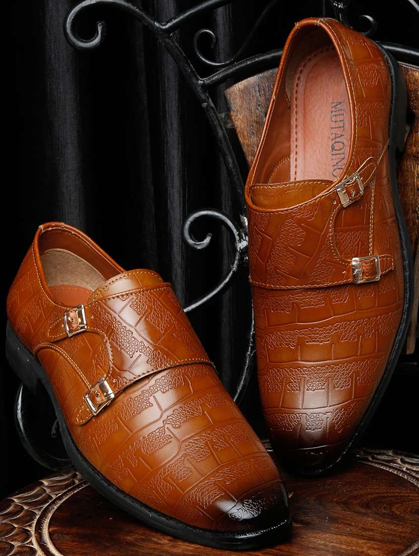 tan patent leather slip on monk straps