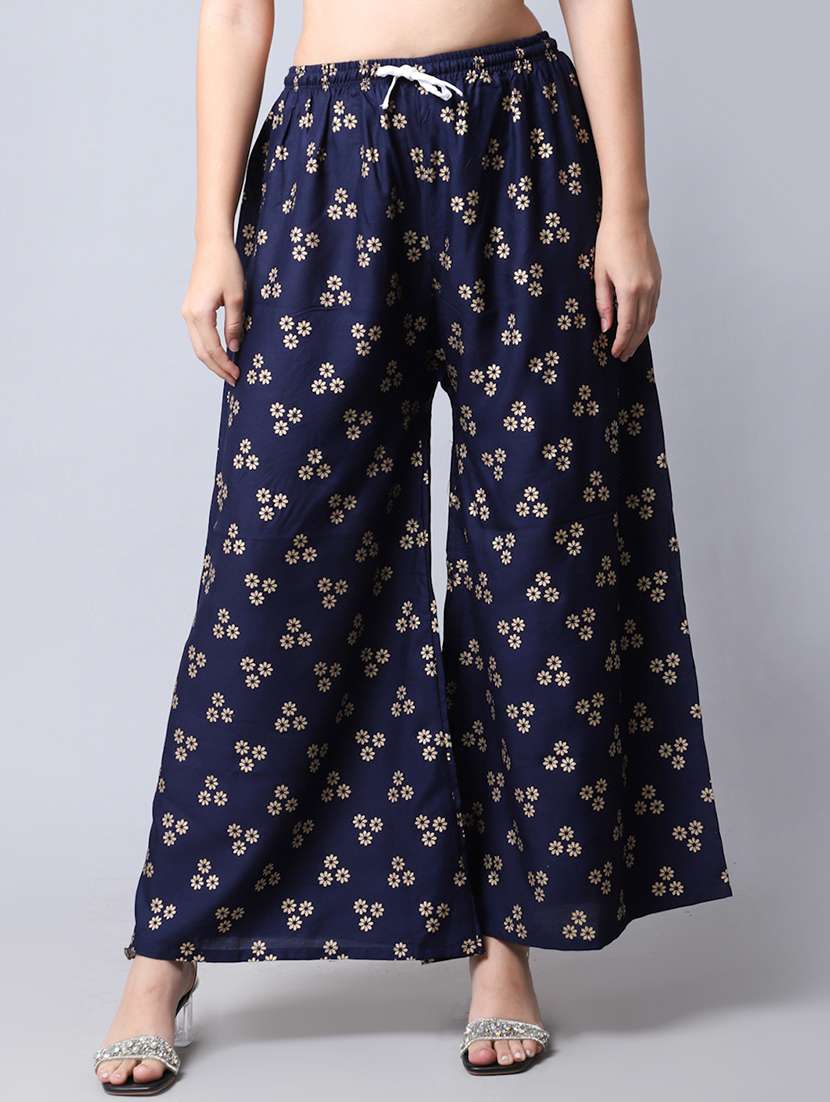 navy blue floral print flared palazzo - 19125907 - Zoom Image - 0