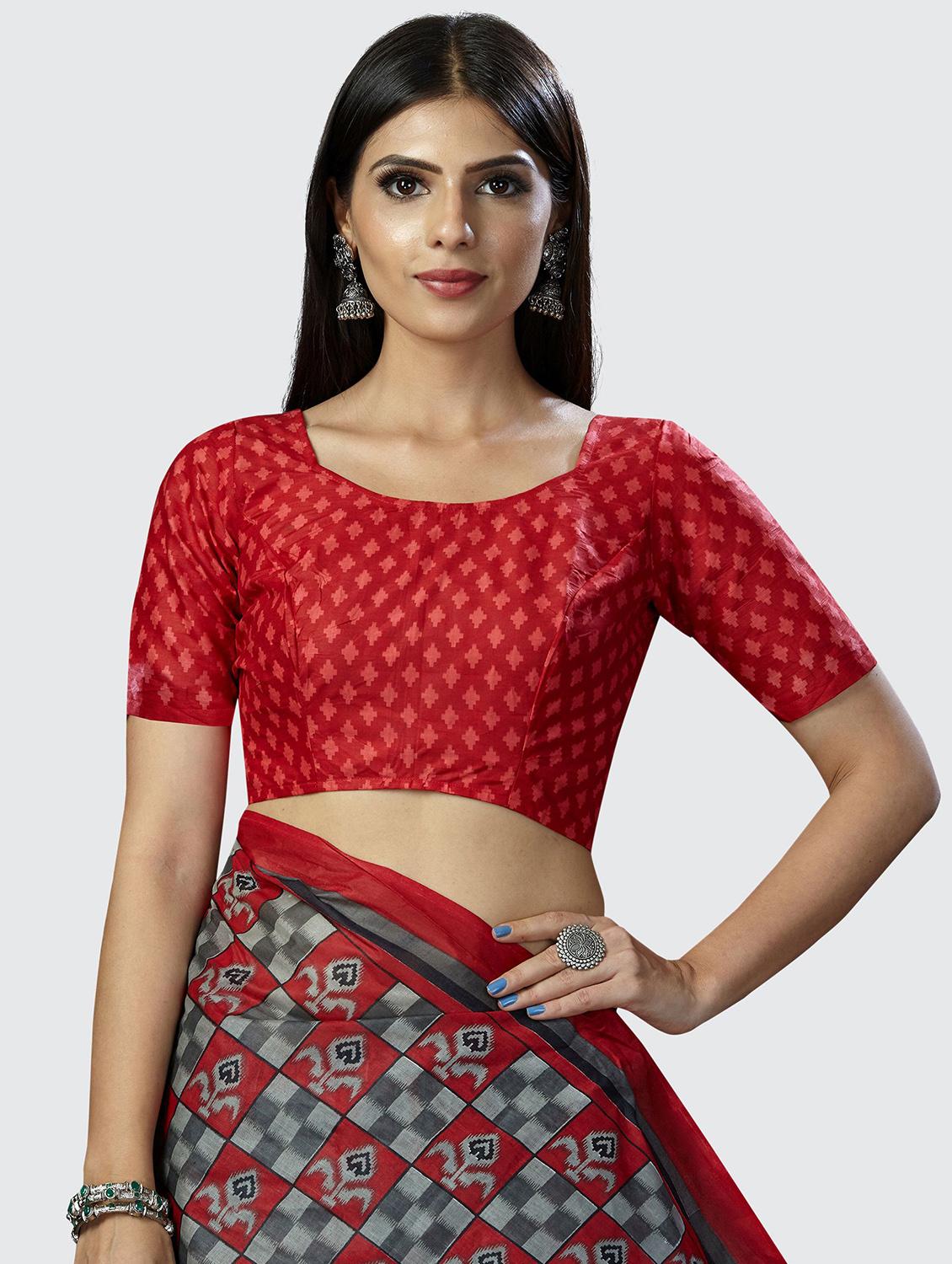red cotton printed saree with blouse - 19126583 - Standard Image - 2