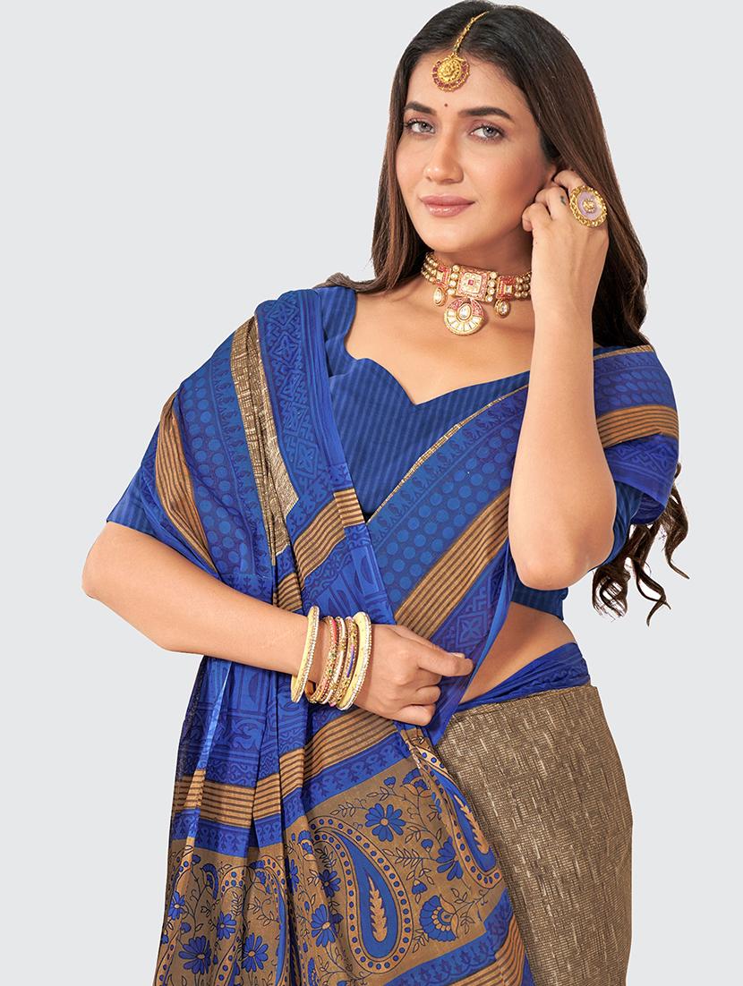 blue printed saree with blouse - 19126605 - Standard Image - 2