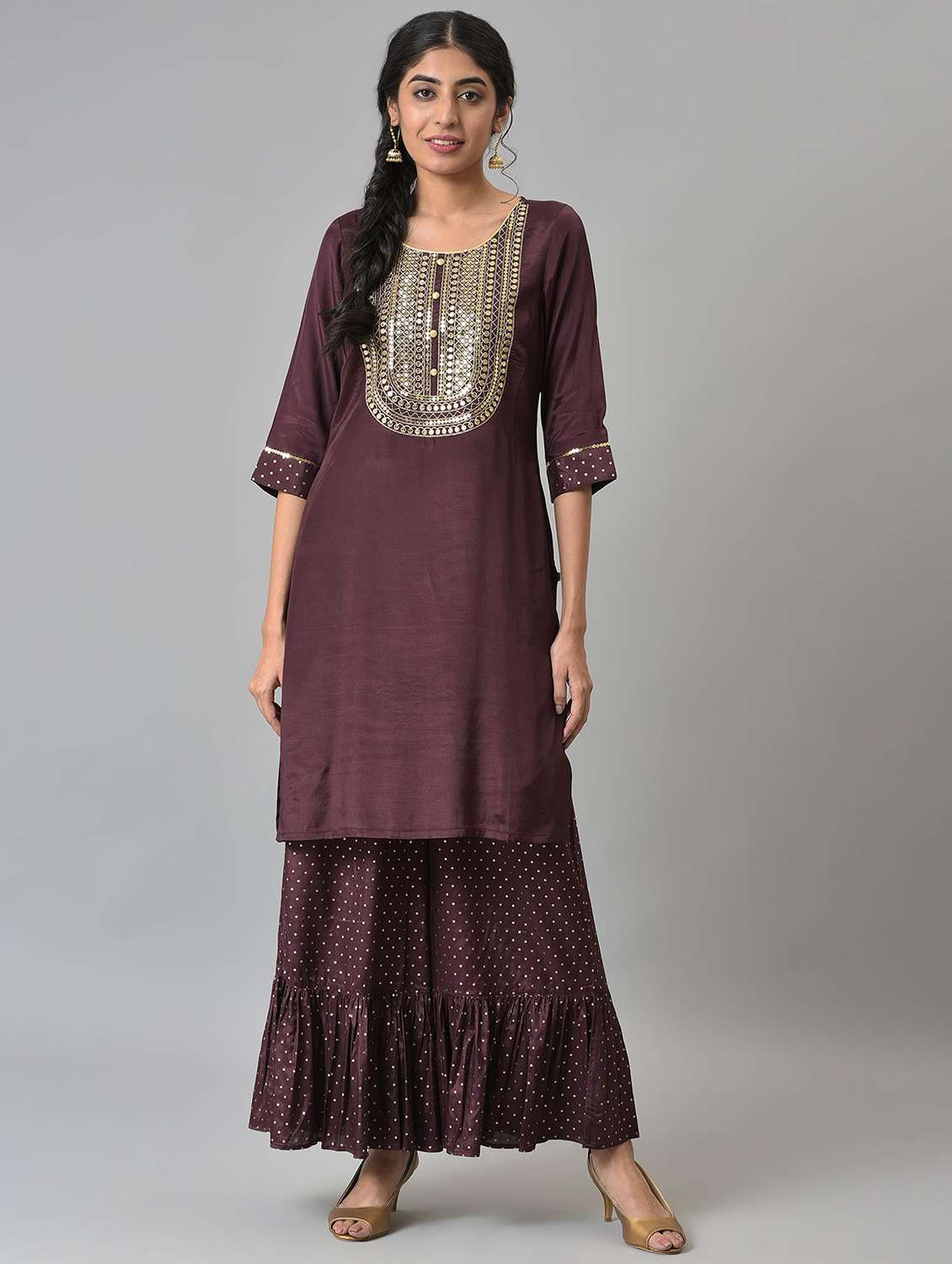 brown embroidered kurta sharara set