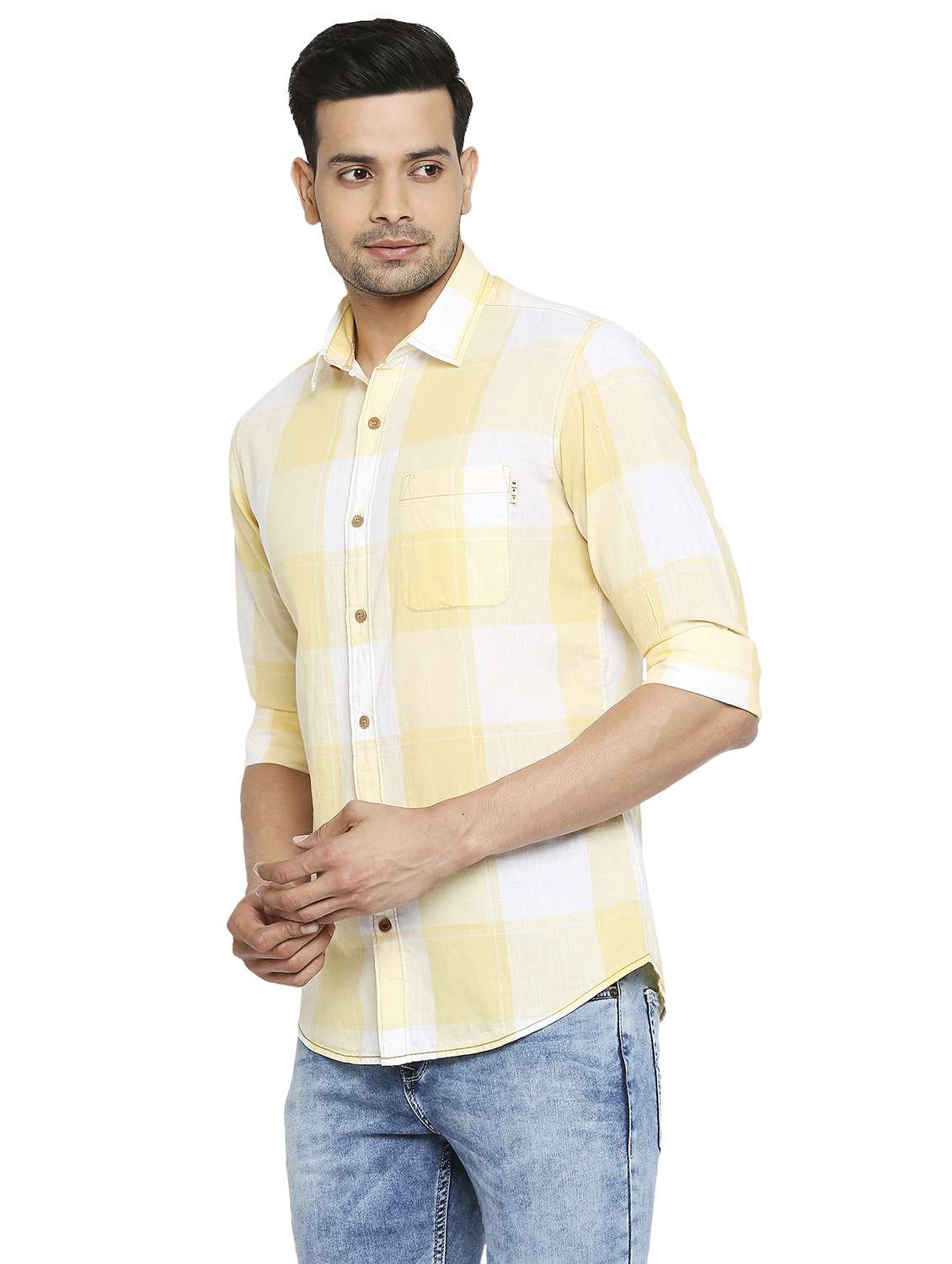 yellow checkered casual shirt - 19137487 - Standard Image - 2