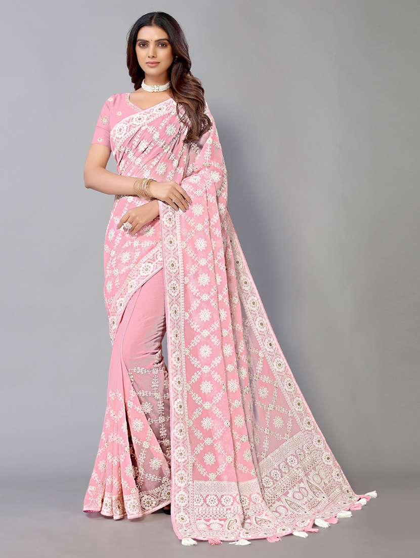 pink georgette embroidered saree with blouse