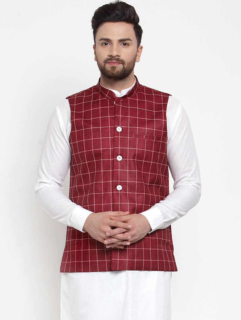 maroon checkered nehru jacket