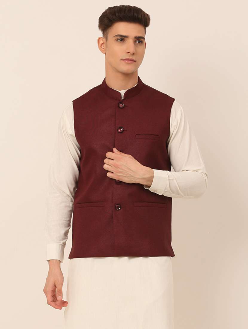 mandarin neck solid nehru jacket - 19143071 - Zoom Image - 0