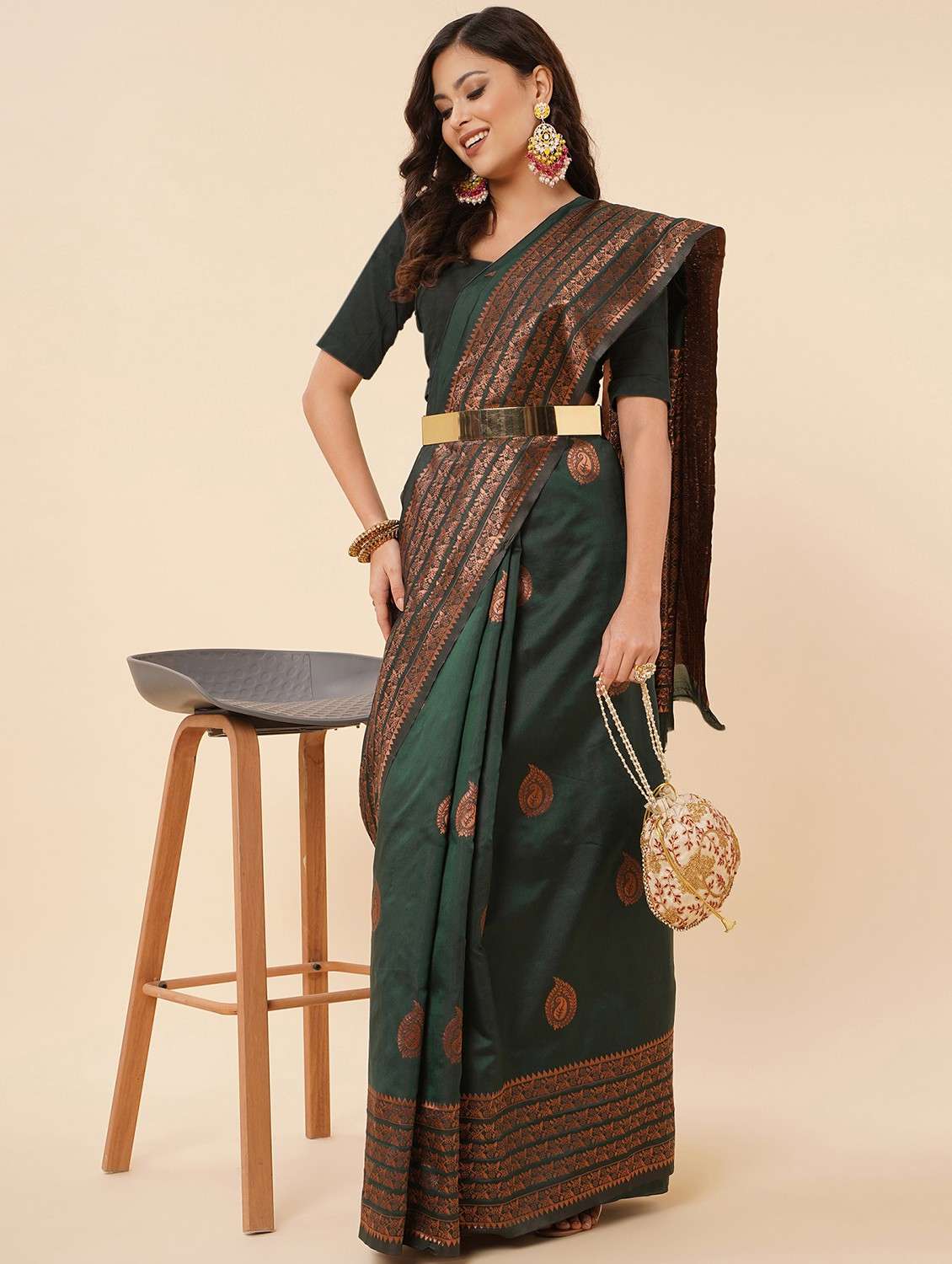 women's self design bottle green colored saree with blouse