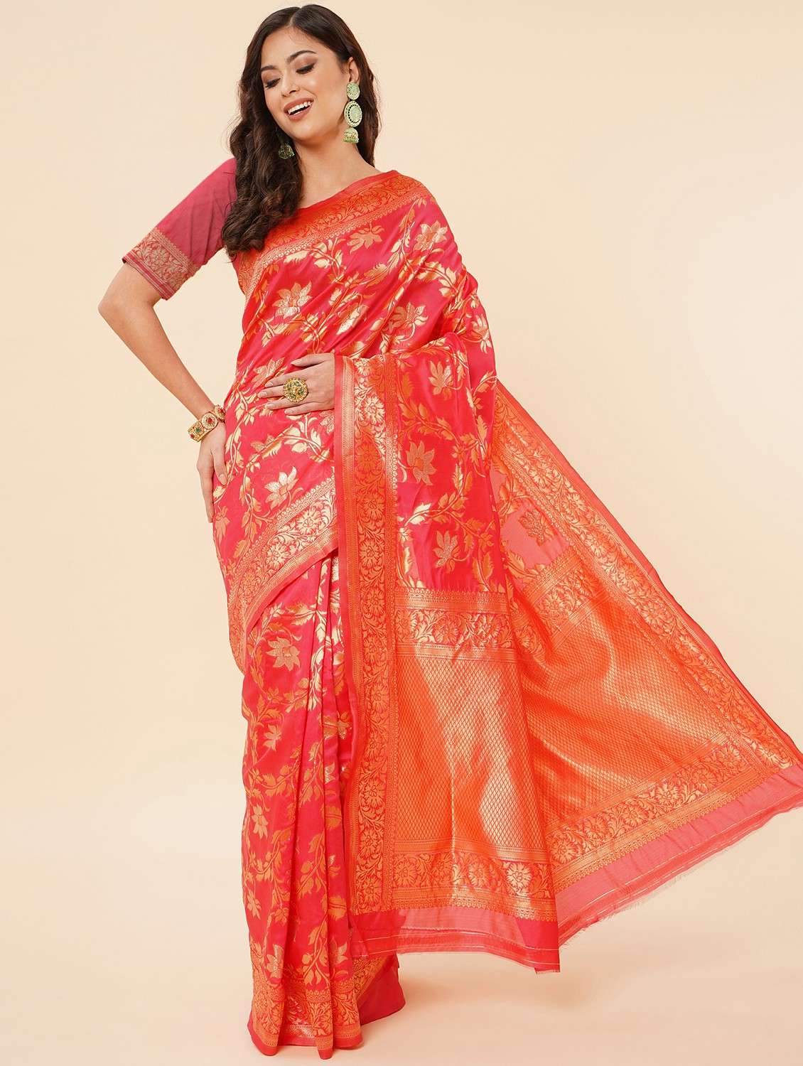 women's self design red colored saree with blouse