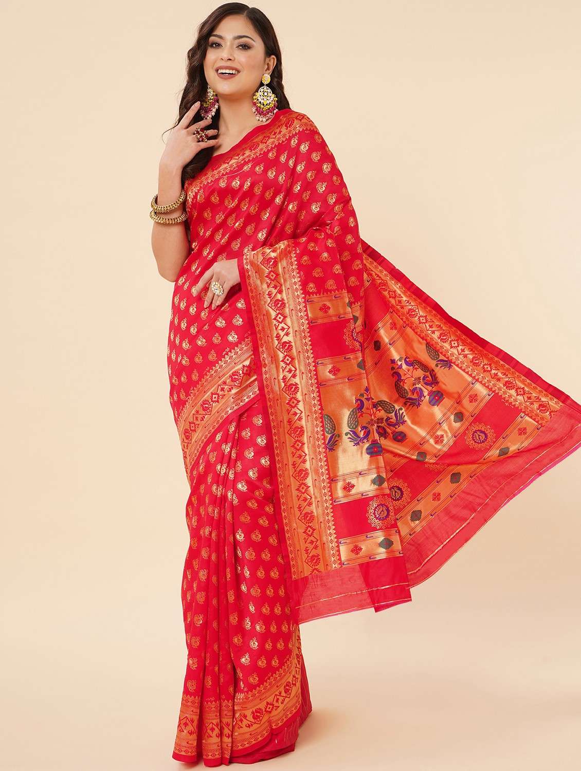 women's self design red colored saree with blouse