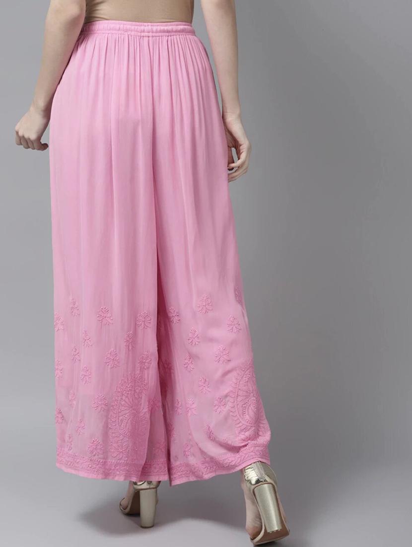ada women's hand embroidered pink ethnic motifs embroidered flared handloom georgette palazzo - 19143173 - Standard Image - 2