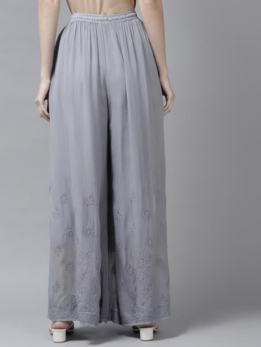 ada women's hand embroidered grey ethnic motifs embroidered flared handloom georgette palazzo - 19143174 - Standard Image - 2