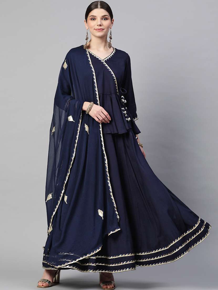 blue solid flared lehenga