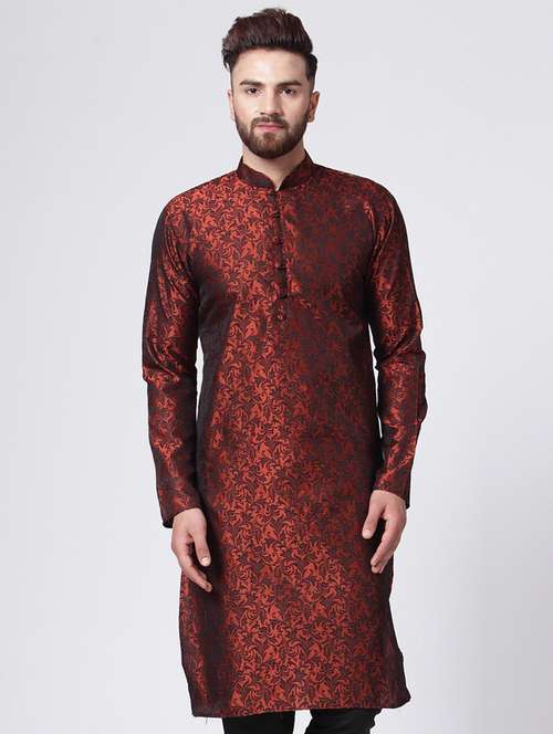red mandarin collar kurta - 19147556 - Standard Image - 0