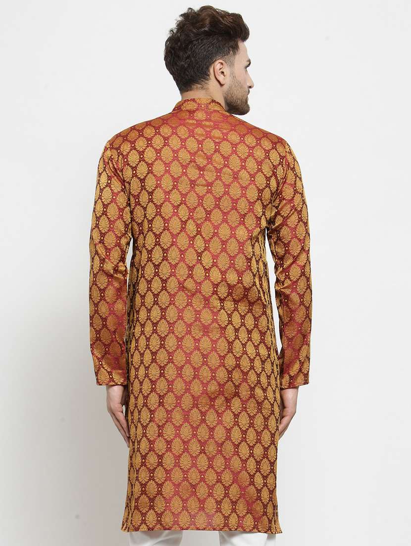 red coloured jacquard long kurta - 19147630 - Standard Image - 2