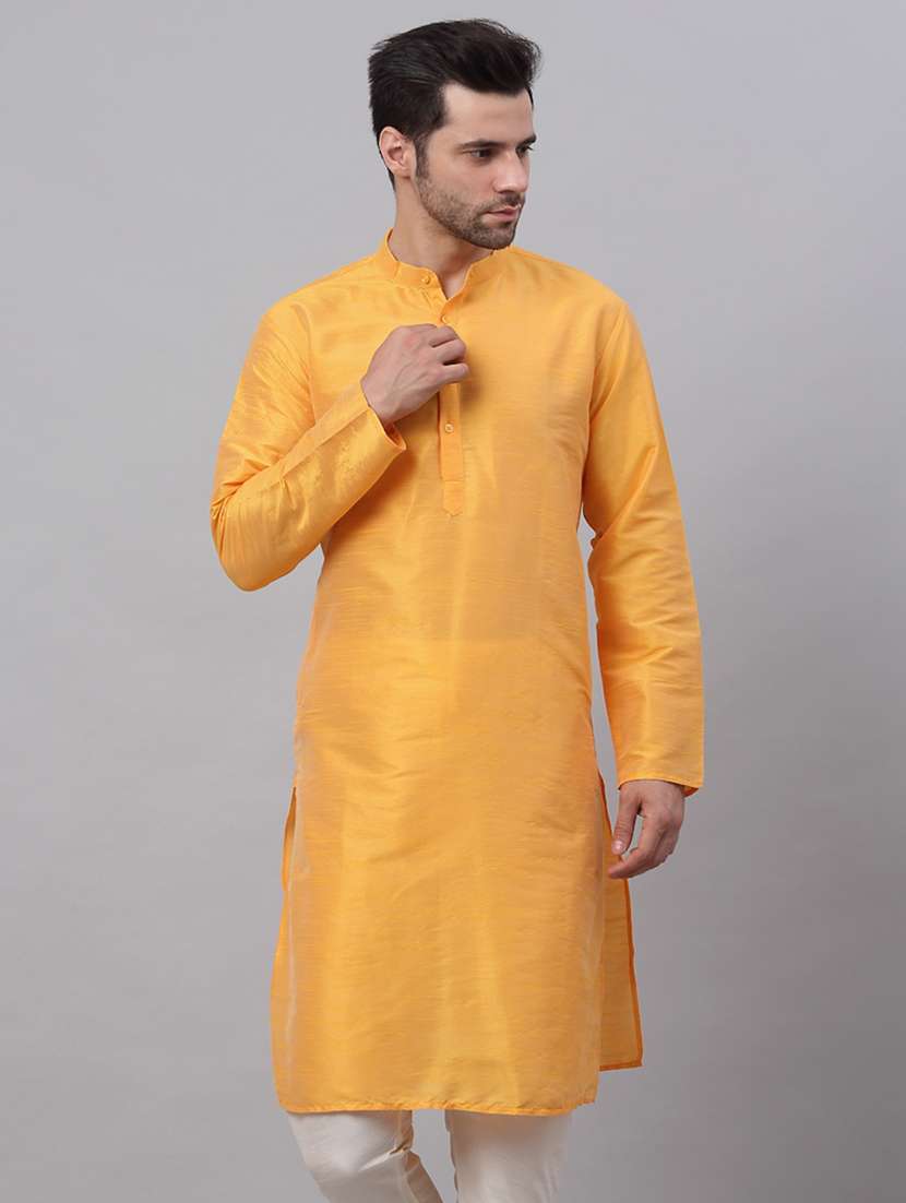yellow dupion long kurta - 19147823 - Zoom Image - 0