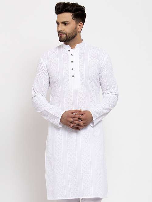 men white embroidered long sleeve long kurta - 19147850 - Standard Image - 0