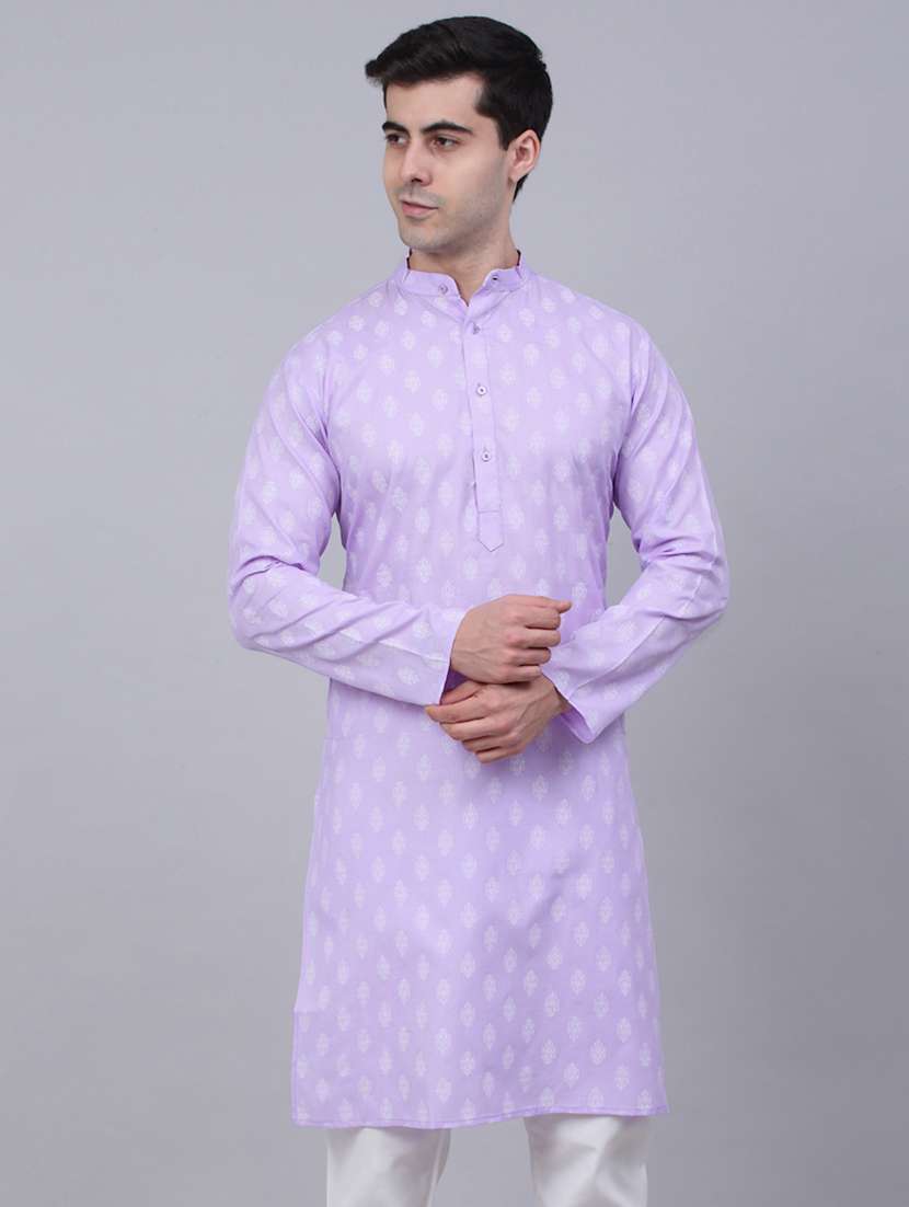 men printed mandarin neck long kurta