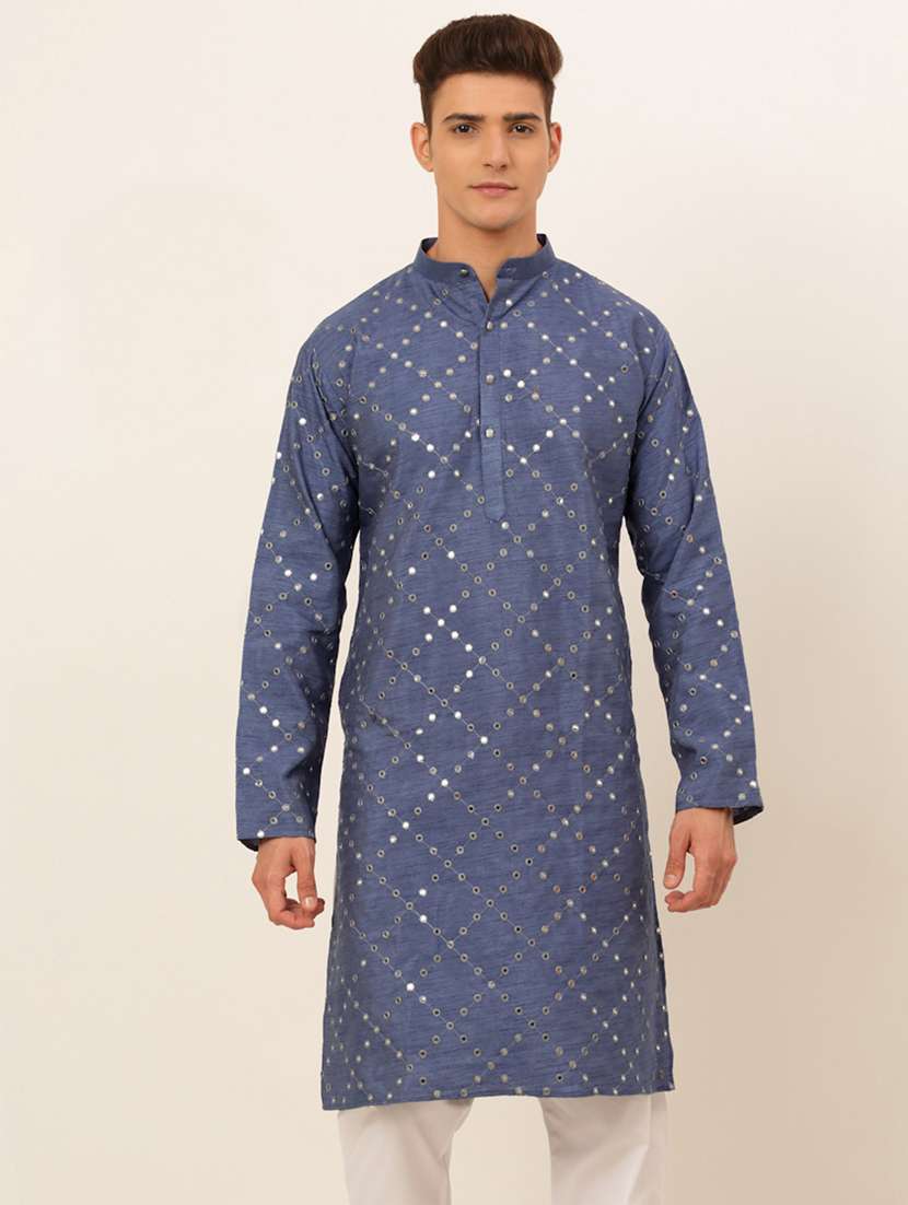 grey embroidered long kurta with mirror work