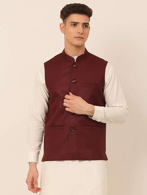 mandarin neck solid nehru jacket - 19148850 -  Standard Image - 0