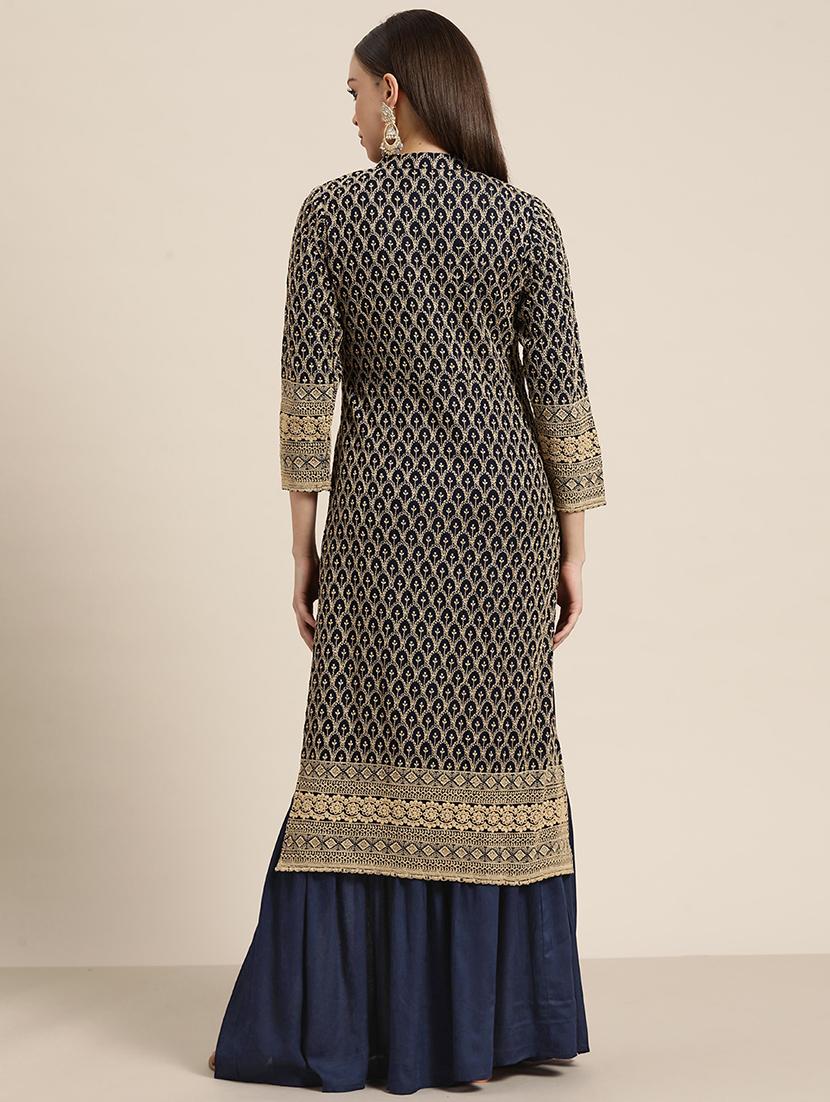 navy blue solid with work kurta sharara set - 19148983 - Standard Image - 2