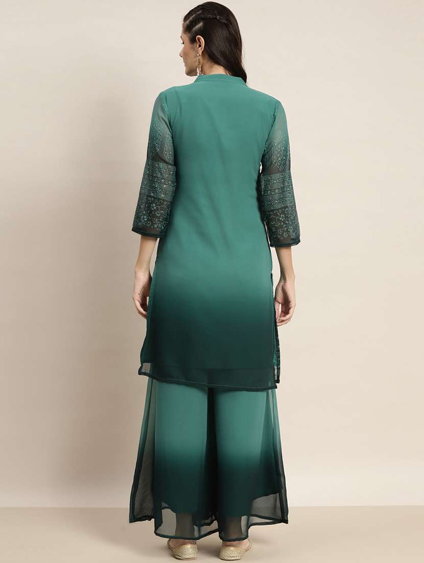women green mandarin neck kurta palazzo set - 19149088 - Standard Image - 2