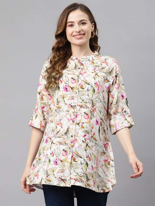 multi colored mandarin neck printed tunic - 19154686 -  Standard Image - 0