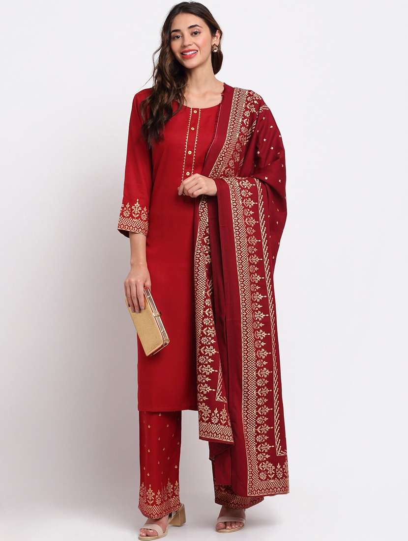 women three quarter sleeve kurta palazzo with dupatta set