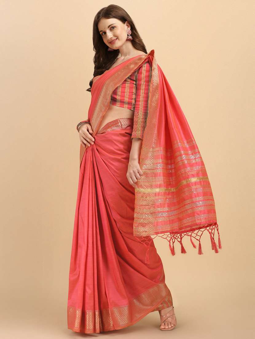 women's self design coral colored saree with blouse - 19161225 -  Standard Image - 2
