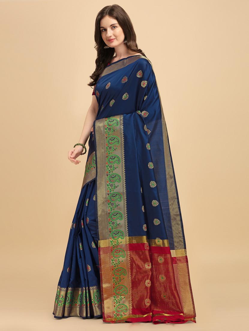 navy silk banarasi saree with blouse - 19161248 - Standard Image - 2