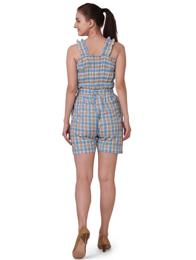 light blue checkered knee length jumpsuit - 19161739 -  Standard Image - 2