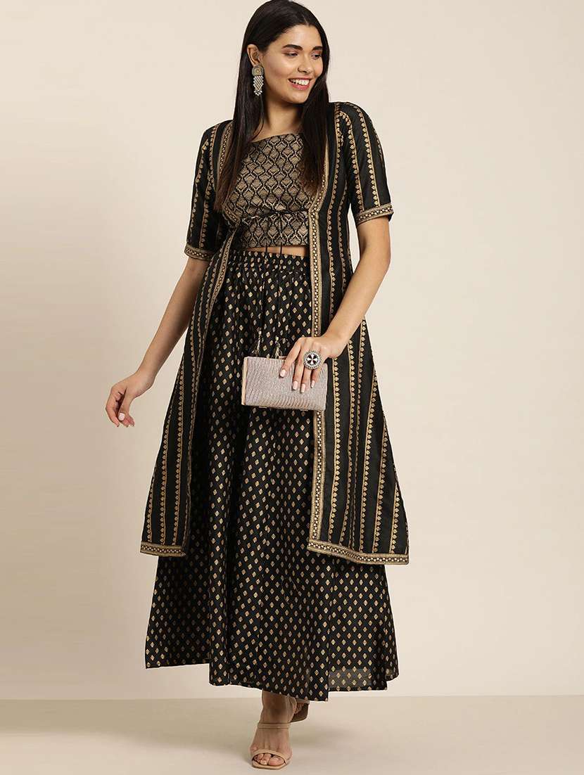 gold printed skirt top set with a shrug