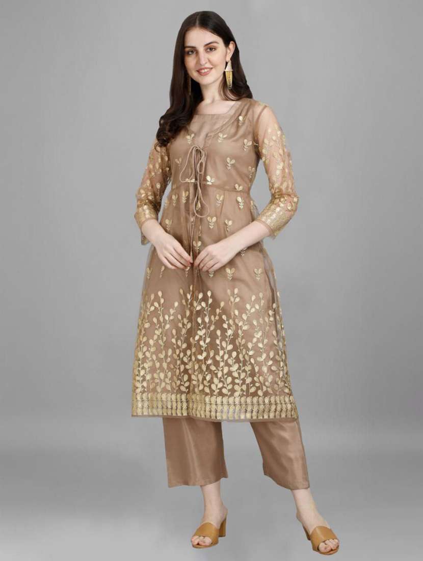 gold printed kurta pant set with ethnic jacket