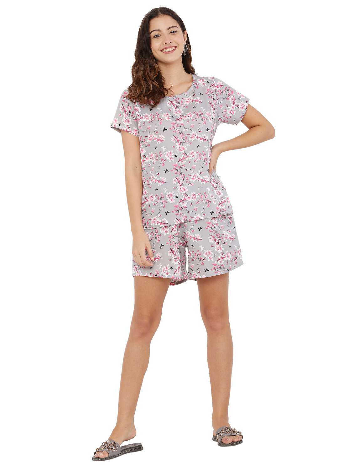 grey two piece printed nightwear set