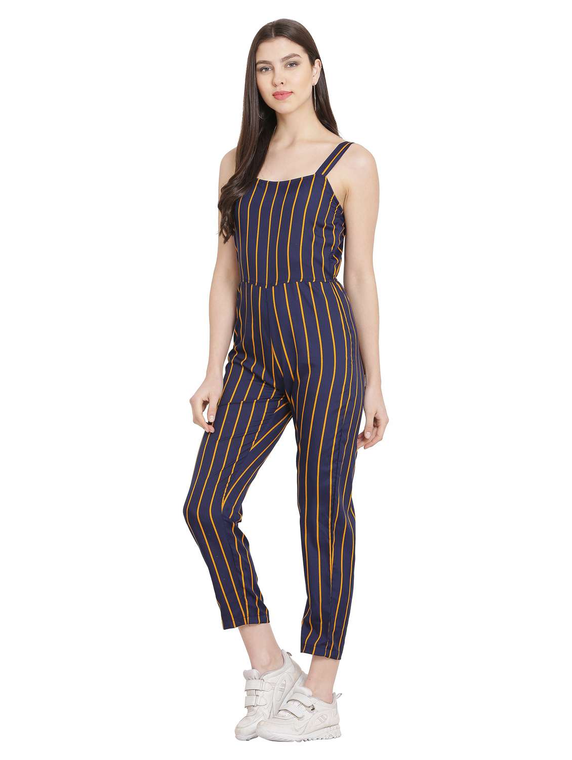 dark blue striped knee length jumpsuit - 19171530 - Standard Image - 2