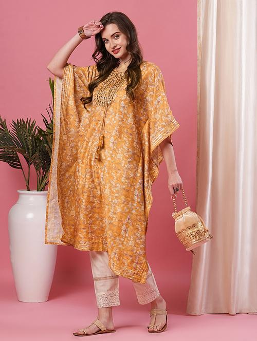 globus women yellow floral print embroidered yoke asymmetric hem kaftan kurta - 19172852 - Standard Image - 0