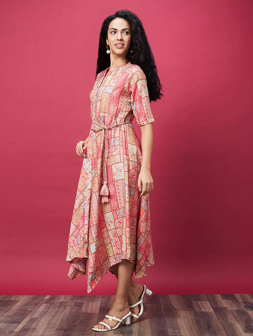 globus women coral floral patch print asymmetric hem a-line midi dress with tassel belt - 19172877 -  Standard Image - 2