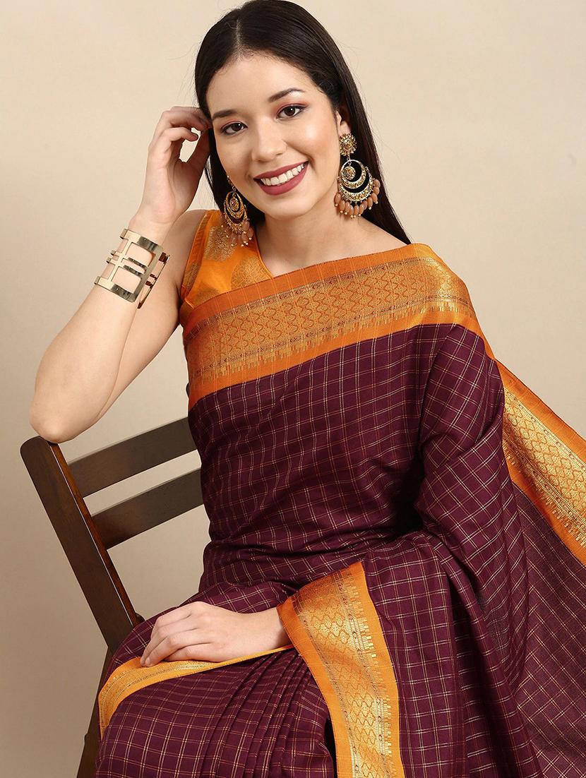 purple checkered saree set with blouse - 19175929 - Standard Image - 2
