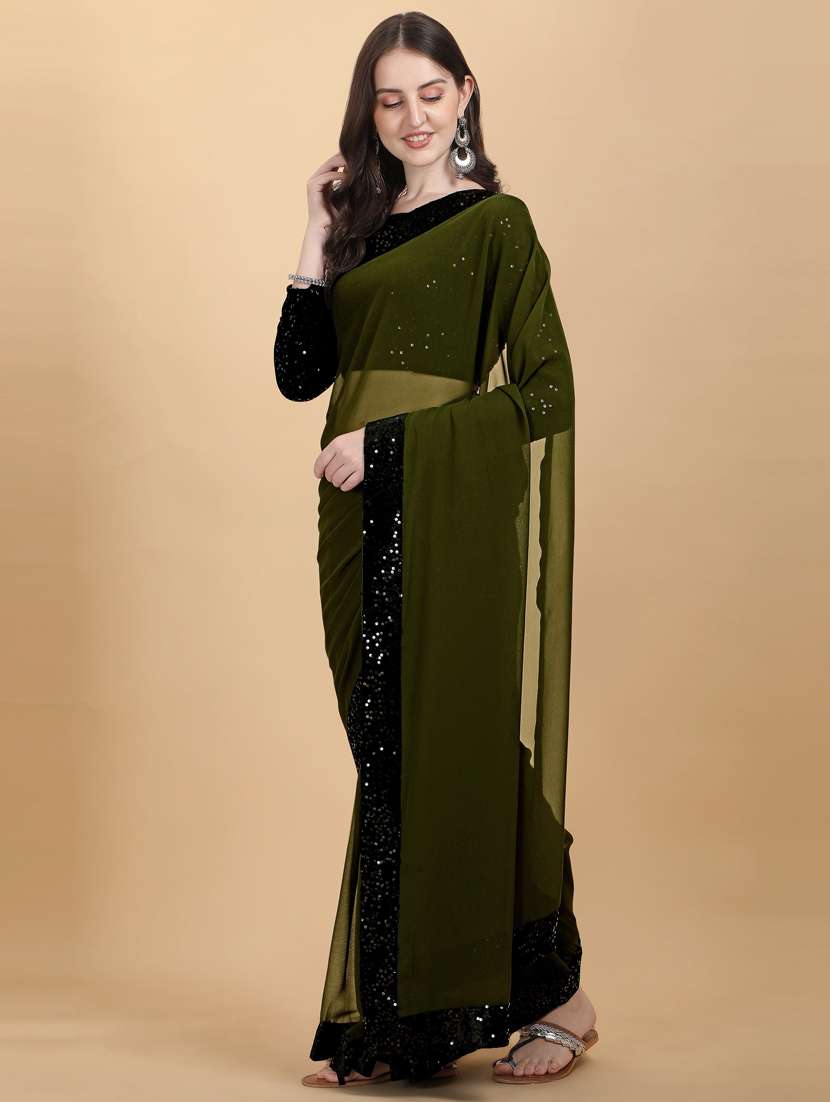 women solid with bordered saree with blouse