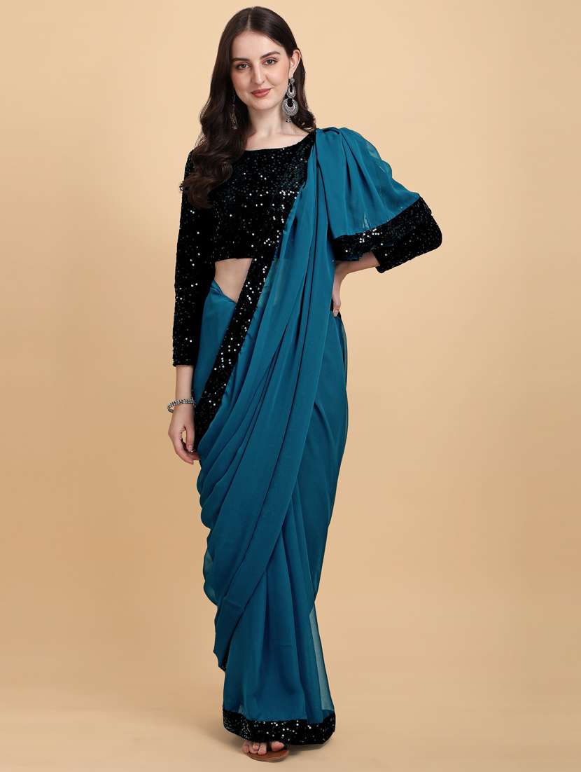 blue sequin bordered set saree with blouse