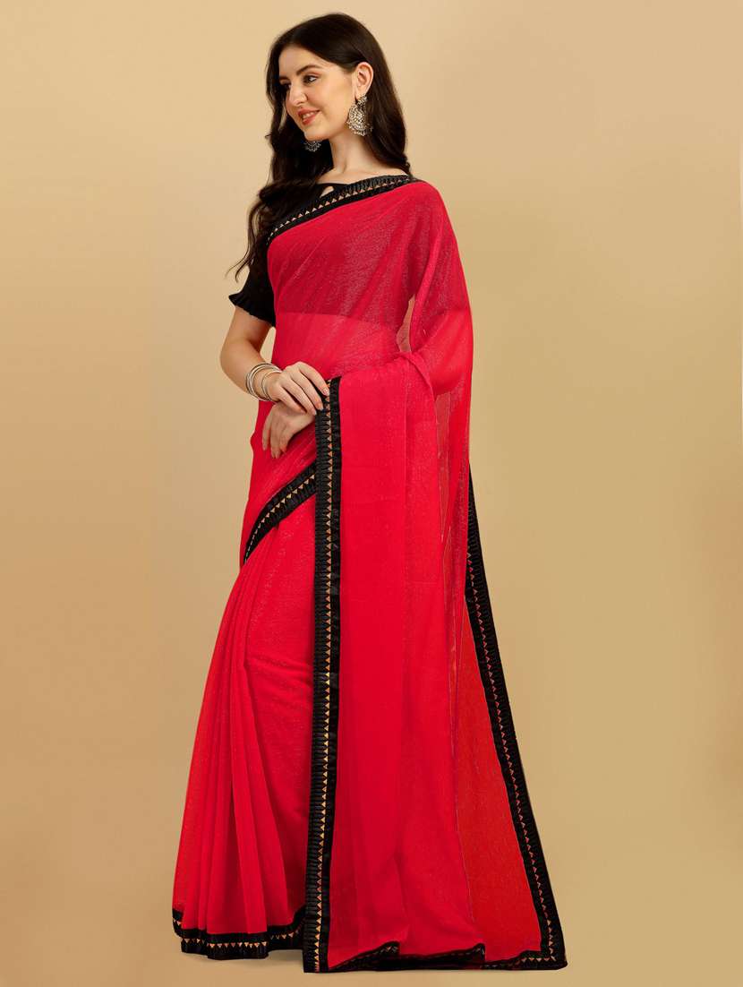 women's bordered red colored saree with blouse