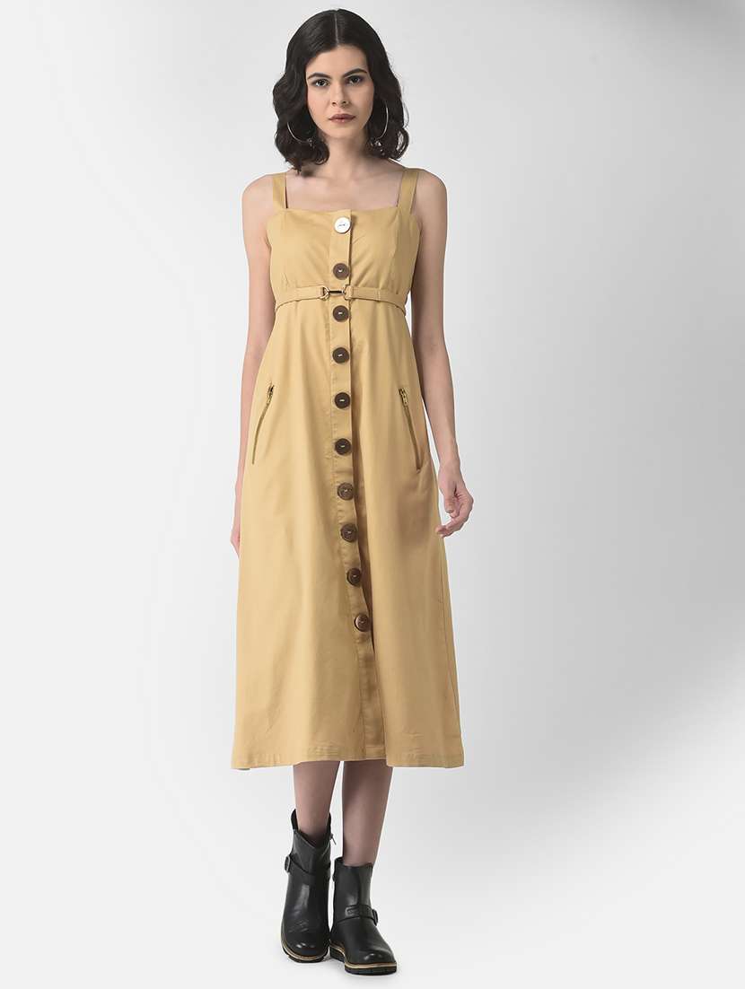 women beige solid shoulder strap a-line dress