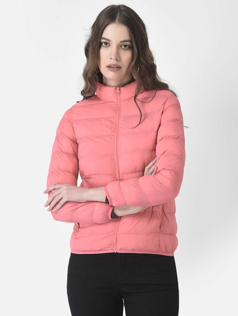 women pink solid long bomber jacket