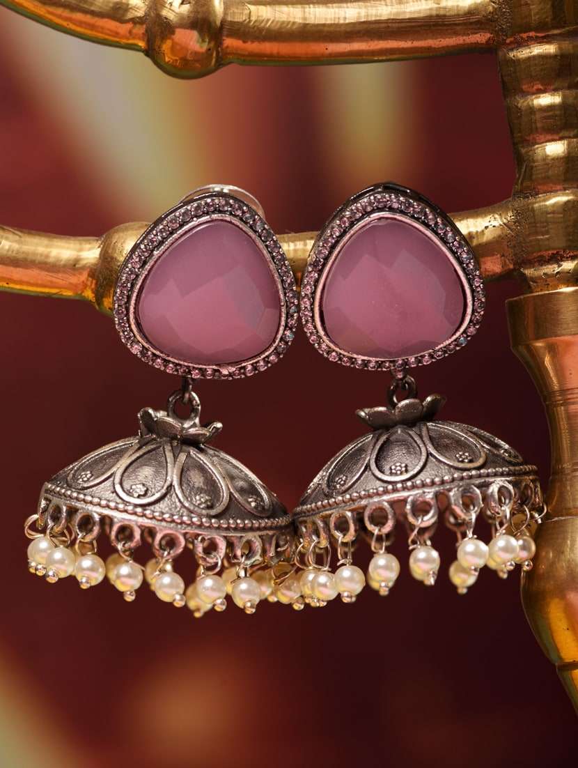 silver oxidised pink stone & pearl  jhumka earrings