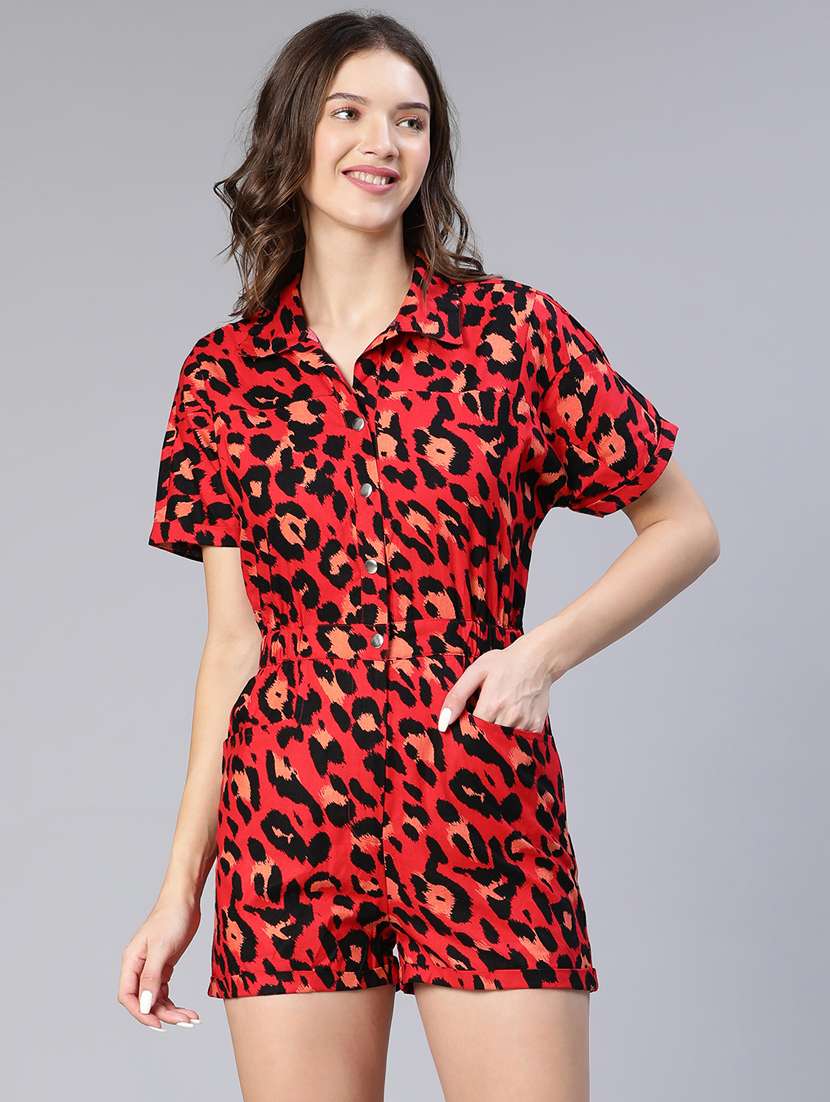 shirt collar printed romper 