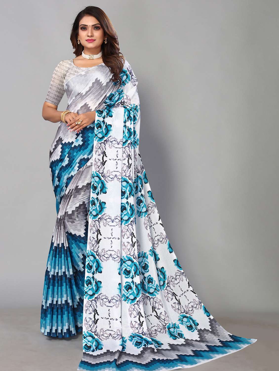 women's abstract grey colored saree with blouse
