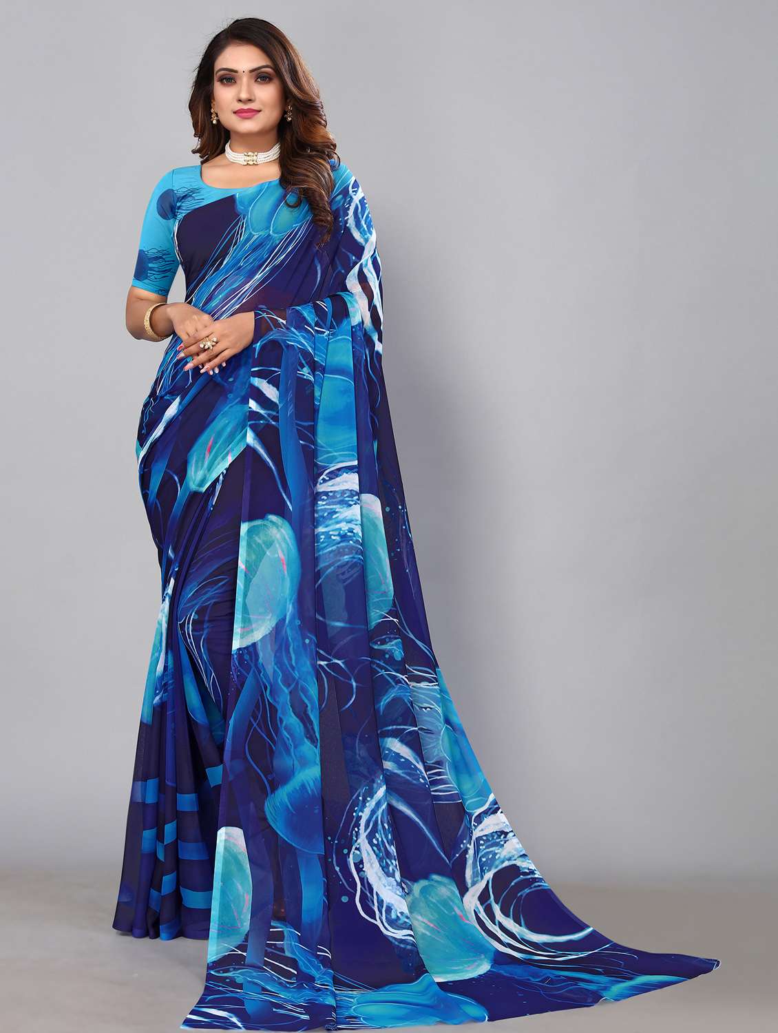 women's abstract dark blue colored saree with blouse