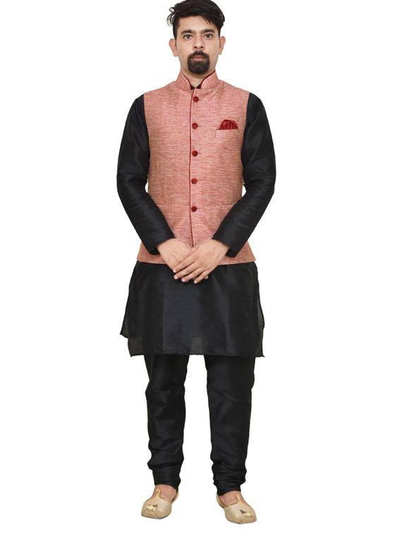 mandarin neck solid kurta pyjama with jacket - 19187846 - Zoom Image - 0